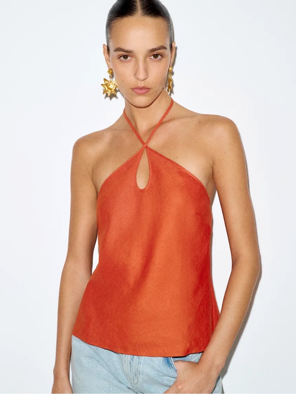 Rosana Halter Linen Top Reformation in Rust Orange